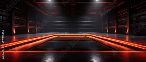 Dark futuristic garage background, warehouse or studio with led neon red lighting. Modern design of large empty room, abstract space interior. Concept of show, industry, building, stage