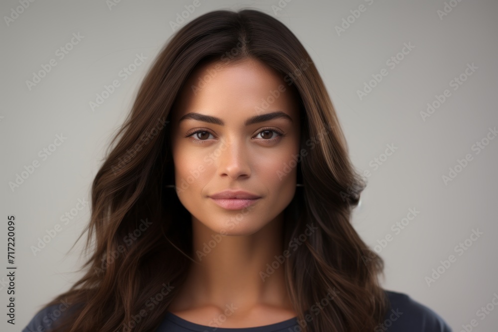 Portrait of a beautiful young woman with long brown hair on gray background Portrait of a beautiful young woman with long brown hair on gray background