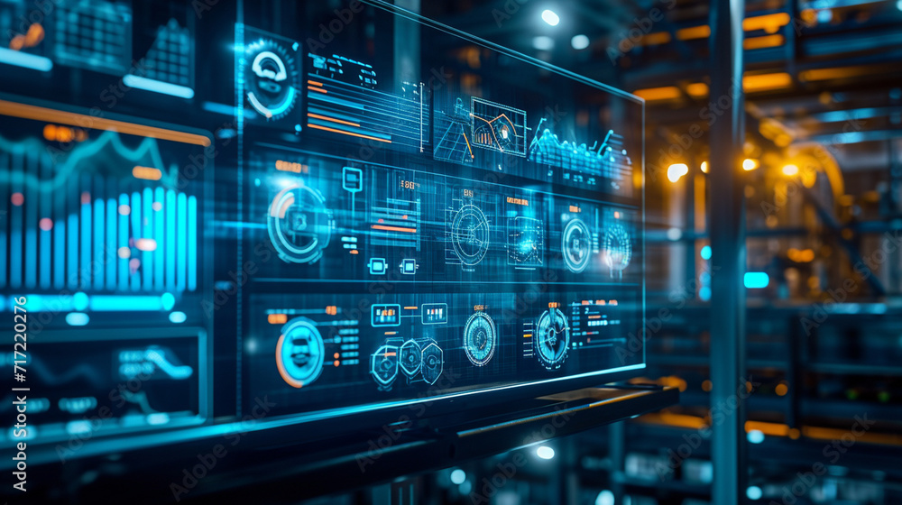 A futuristic holographic dashboard showing the overall efficiency of a factory, factory, dynamic and dramatic compositions, with copy space