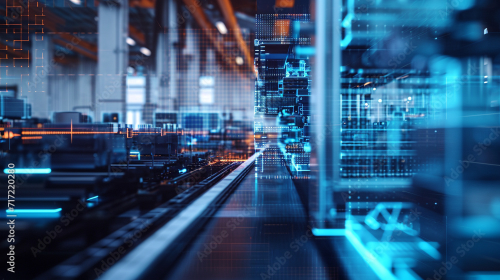 An immersive holographic display of a factory’s product assembly line in operation, factory, dynamic and dramatic compositions, with copy space An immersive holographic display of a factory’s product assembly line in operation, factory, dynamic and dramatic compositions, with copy space