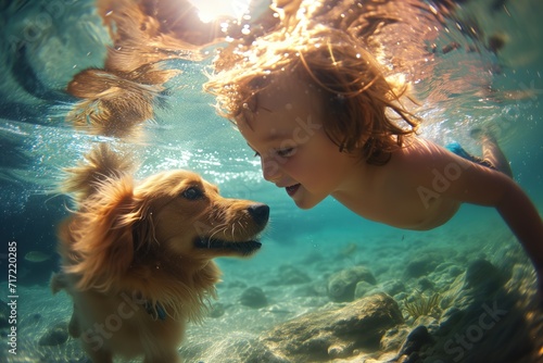 A child and his dog enyjoying the beach together, in underwater at summer.