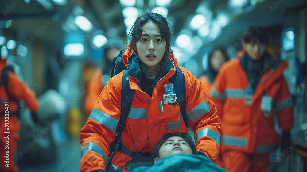 Team of Korean doctors rushing a patient in a gurney at the hospital - emergency medicine concepts, generative ai Team of Korean doctors rushing a patient in a gurney at the hospital - emergency medicine concepts, generative ai