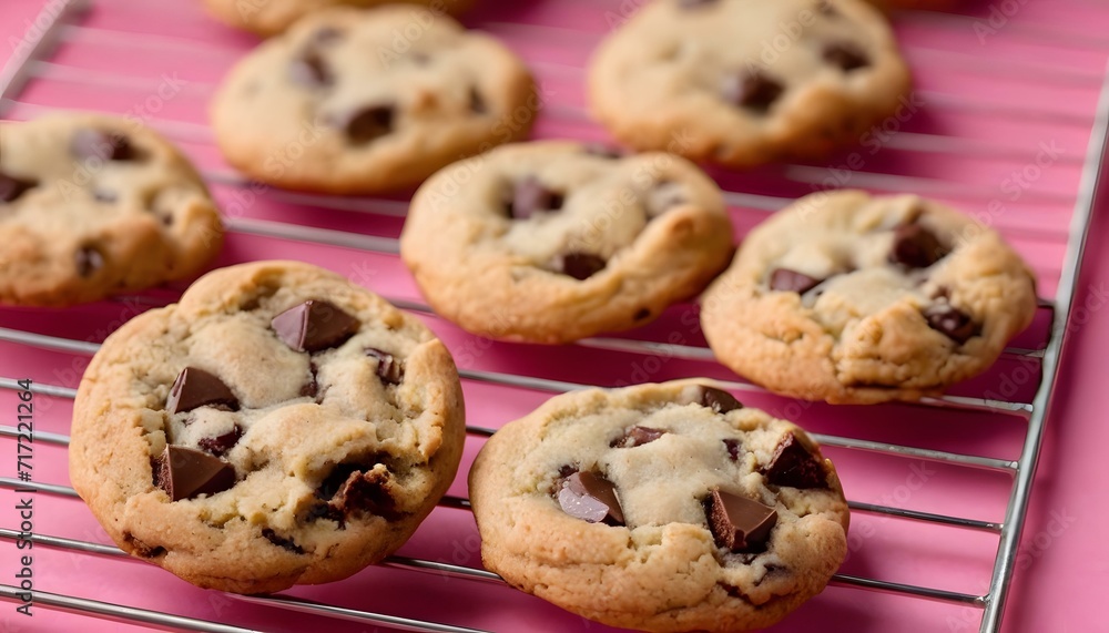 A batch of freshly baked chocolate chip cookies on a cooling rack