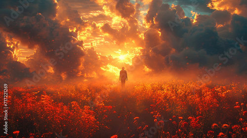 Sunset, A man walking across a field to the light