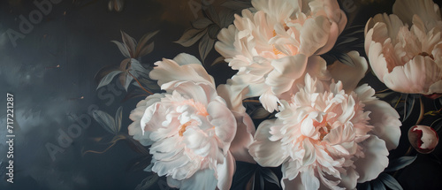Antique wallpaper of colorful peonies. Rococo and chiaroscuro lighting. Versailles style. Vibrant resource background.