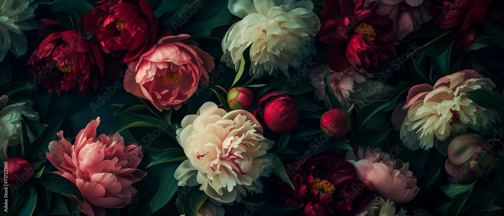 Antique wallpaper of colorful peonies. Rococo style and chiaroscuro lighting. Versailles style. Vibrant resource background. - obrazy, fototapety, plakaty 