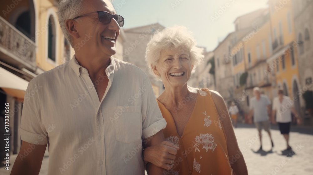 portrait of smiling senior couple on their retirement vacation in daylight in a village doing sightseeing