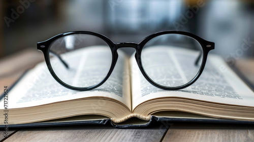 A Pair of Black Rimmed Glasses on an Open Book.