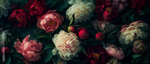 Antique wallpaper of colorful peonies. Rococo style and chiaroscuro lighting. Versailles style. Vibrant resource background. © Archlane