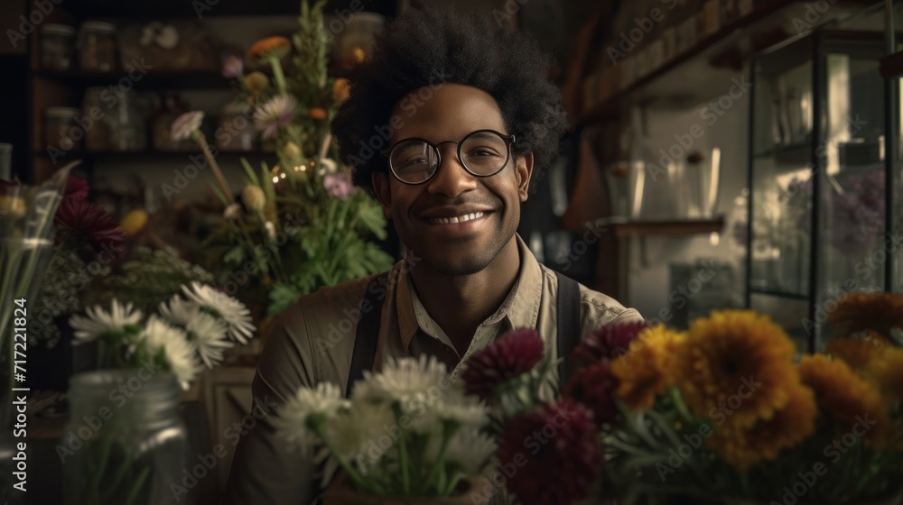 portrait of african american man in his flower shop