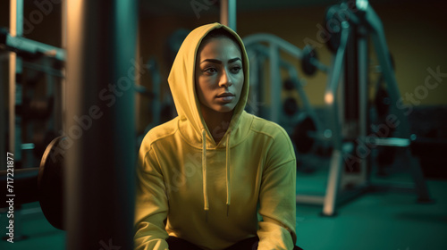beautiful arab woman in the gym wearing yellow sweatshirt wearing hood while resting from her exercise - created with AI