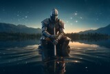 Knight kneeling leg resting. Iron and futuristic armored warrior with water waves. Generate AI