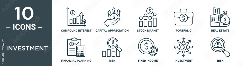 investment outline icon set includes thin line compound interest ...