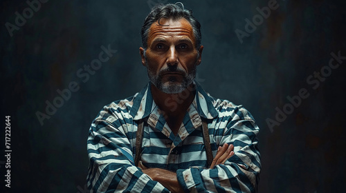 Portrait of prisoner in striped prison uniform, black background