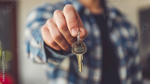 A young man holding the keys to his new house. Man happy with his own home with keys in hand. Concept of the keys to freedom.