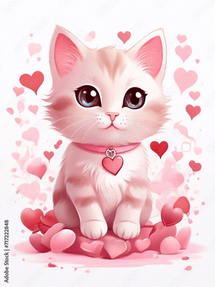 Cute Happy Valentines Day holiday art, greeting card design with a kawaii cartoon cat in love with heart, hearts backgroung. Cute valentine cat in love with valentines hearts design Cute Happy Valentines Day holiday art, greeting card design with a kawaii cartoon cat in love with heart, hearts backgroung. Cute valentine cat in love with valentines hearts design