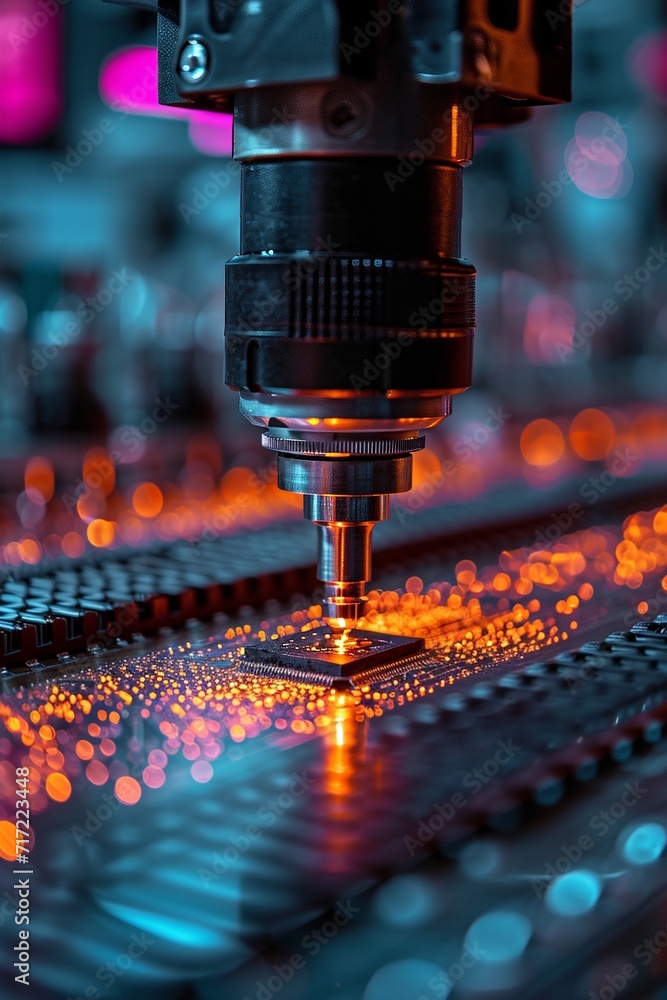Silicon Die are being Extracted from Semiconductor Wafer and Attached to Substrate by Pick and Place Machine. Computer Chip Manufacturing at Fab. Semiconductor Packaging Process, generative ai Silicon Die are being Extracted from Semiconductor Wafer and Attached to Substrate by Pick and Place Machine. Computer Chip Manufacturing at Fab. Semiconductor Packaging Process, generative ai