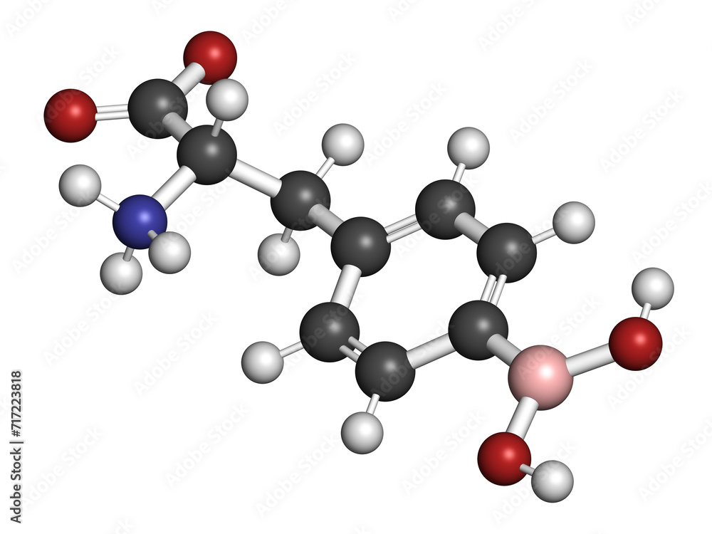 Borofalan (10B) drug molecule. Used in boron neutron capture therapy (BNCT). 3D rendering.