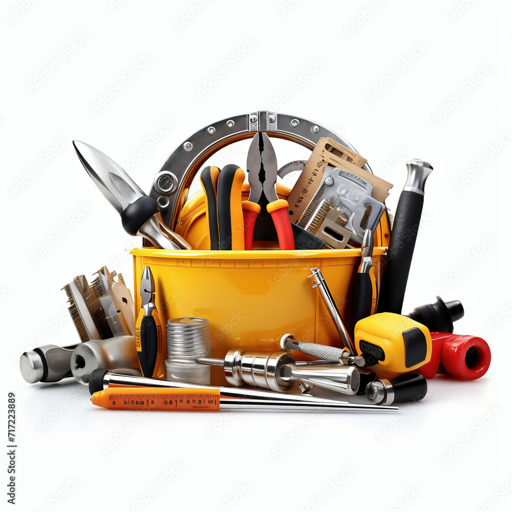 Set of tools in yellow toolbox isolated on a white background. Set of tools in yellow toolbox isolated on a white background.