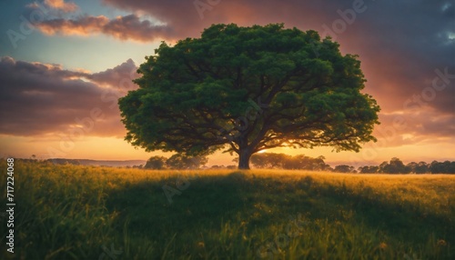 Wide angle shot of a single tree growing under a clouded sky during a sunset surrounded by grass