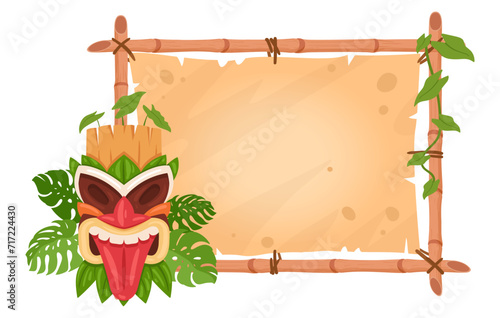 Cartoon tiki totem frame. Bamboo sign with wooden primitive hawaiian and african aboriginal mask. Indigenous frame with tribal mask flat vector illustration