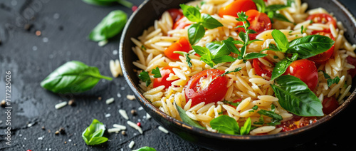 orzo salad with tomatoes and herbs on black table cover, in the style of texture-rich, whistlerian photo