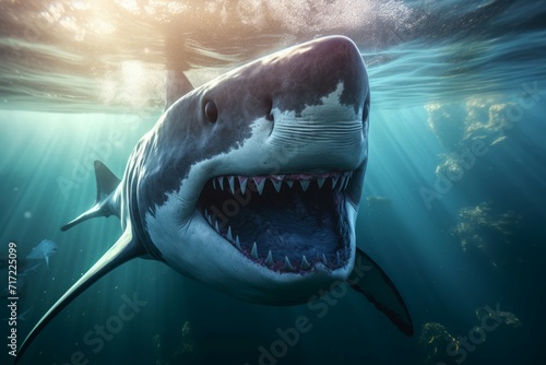 Massive killer shark. Dangerous aquatic hunter with sharp white teeth. Generate AI © nsit0108