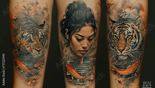 a forearm selve tattoo design, detailed, layered, black and gray, Japanese tattoo style, of a beautiful woman a tiger and fish,generative ai photo