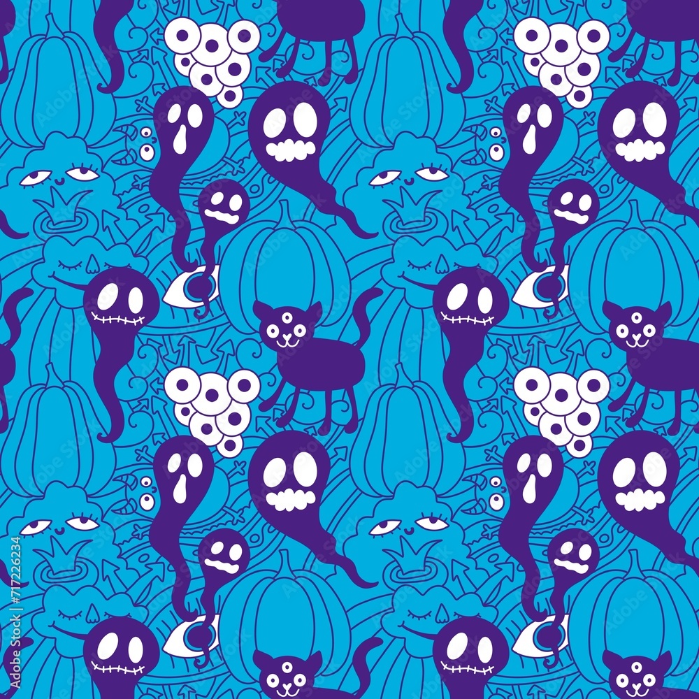Cartoon doodle seamless Halloween pumpkins and cat and monsters pattern for wrapping paper and fabrics
