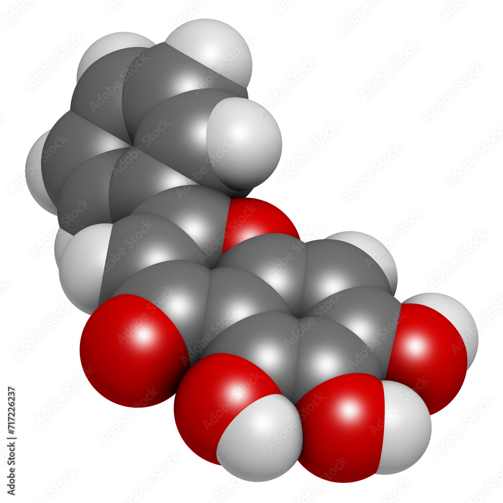 Baicalein flavonoid molecule. 3D rendering. Baicalein flavonoid molecule. 3D rendering.