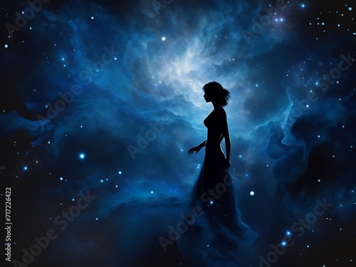 Celestial Elegance: An AI-Enhanced Journey into Cosmic Twilight, Where Silhouettes Dance Amidst the Gradient Harmony of Deep Black and Celestial Blue