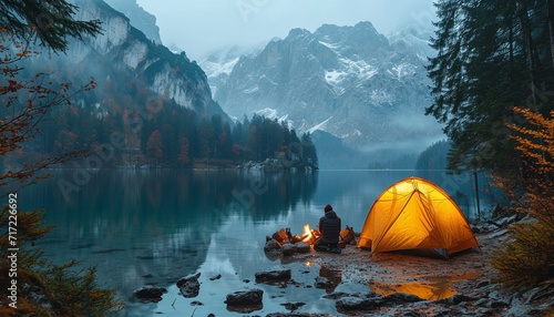 beautiful landscape camping in the mountains background.back view couple sitting by close up on campfire, generative ai © LomaPari2021