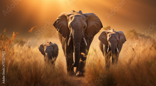 Gruppe von Elefanten in der Savanne  Elefantenfamilie in beeindruckendem Licht in der Steppe