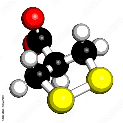 Asparagusic acid molecule. Organosulfur compound present in asparagus that is responsible for the typical urine odour after eating asparagus. 3D rendering.