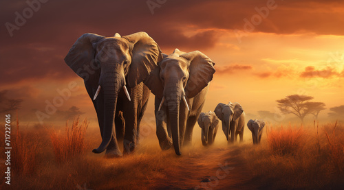 Gruppe von Elefanten in der Savanne, Elefantenfamilie in beeindruckendem Licht in der Steppe photo