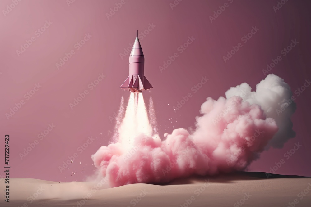 Fototapeta premium Pink rocket ship launching moment. Intergalactic journey spaceship with pastel smoke clouds. Generate ai