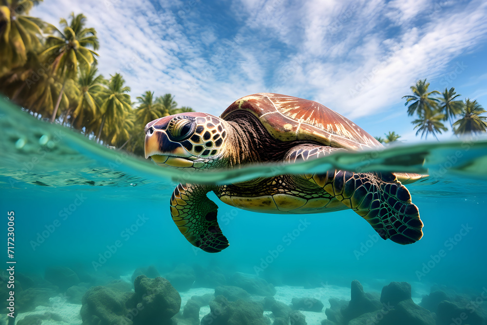 Fototapeta premium Big turtle swimming in the sea world with tropical beach on background, selective focus. Underwater blue ocean life, ecosystem concept