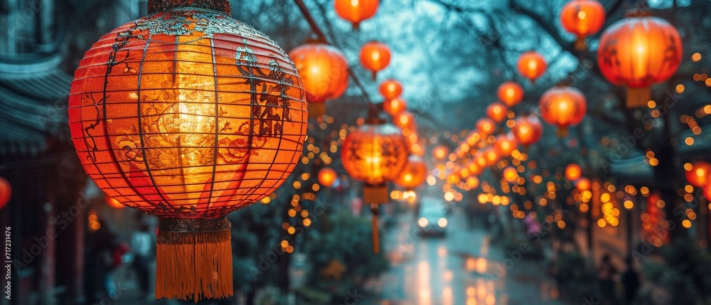 Obraz premium red lanterns chinese new year decoration celebratiion in town on road. traditional asian festival,generative ai