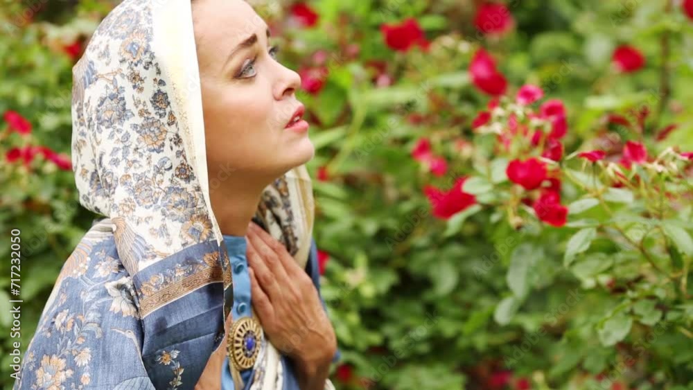 Woman folding her hands in prayer among rose bushes in park. Woman folding her hands in prayer among rose bushes in park.