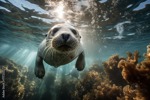 Seehund neugierig unter Wasser, ein Seehund schwimmt unter der Wasseroberfläche durch ein Riff