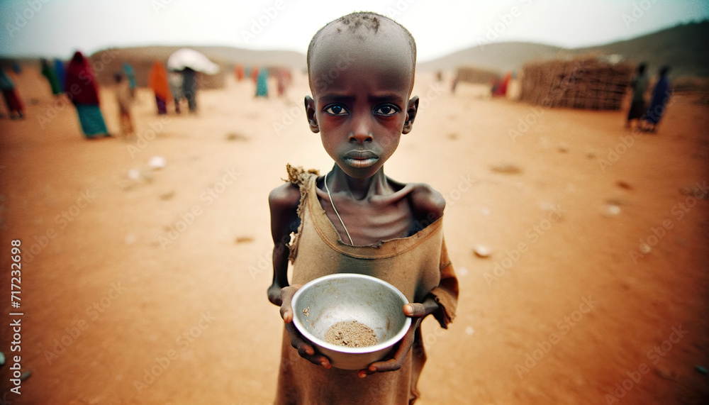 Starving African Child. 7 million children under the age of 5 remain malnourished, over 1.9 million children are at risk of dying from severe malnutrition. Ethiopia, Nigeria, Somalia and South Sudan - obrazy, fototapety, plakaty 