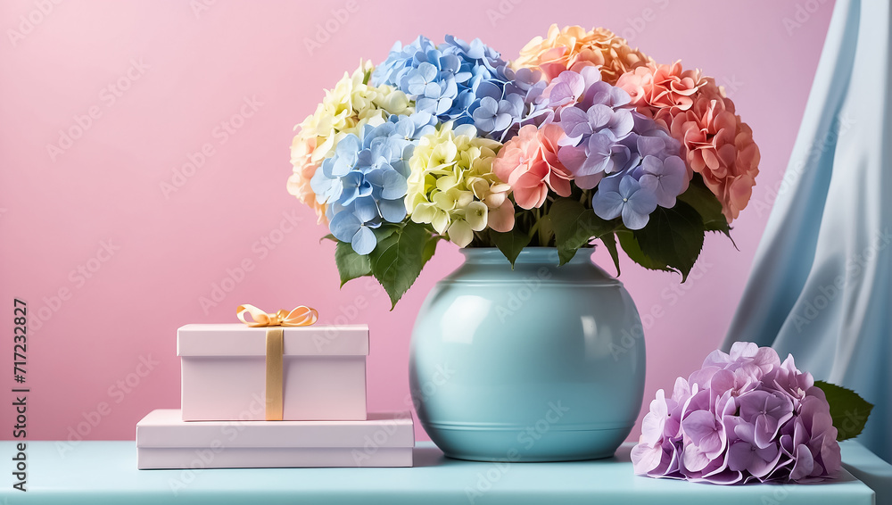 Beautiful vase with hydrangea flowers, gift box on the table birthday color