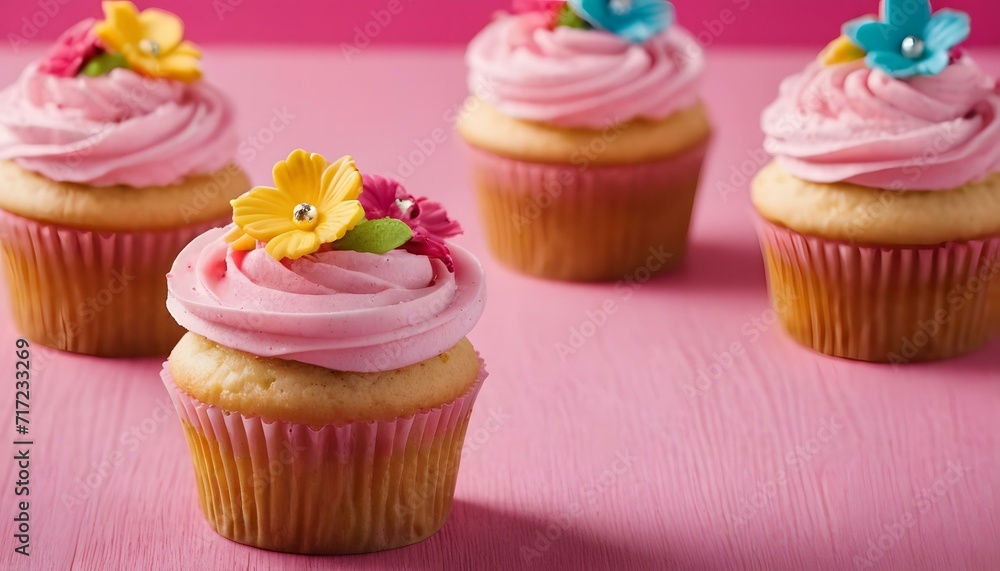 Tasty cupcakes with floral decoration on pink background