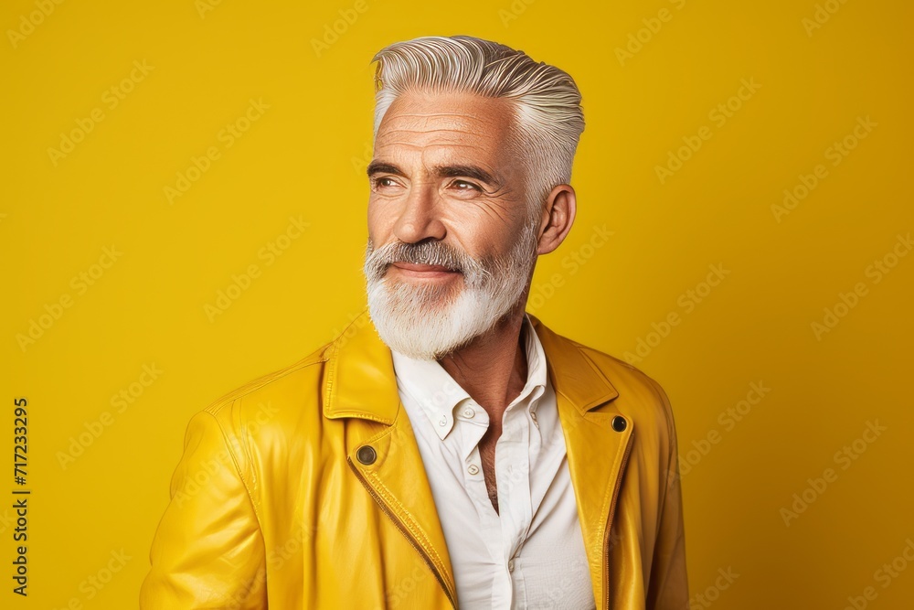 Handsome senior man with grey beard and mustache in yellow jacket on yellow background