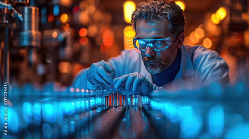 Close-up illustration of a lab technician at his workplace during sampling and chemical testing of new samples