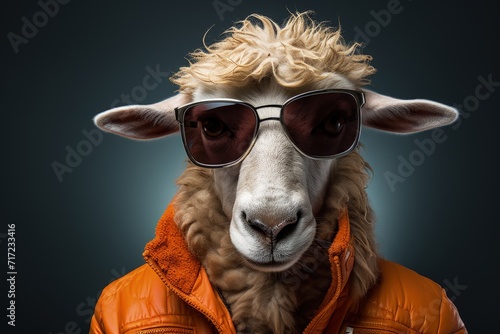sheep portrait with sunglasses, Funny animals in a group together looking at the camera, wearing clothes, having fun together, taking a selfie, An unusual moment full of fun fashion consciousness.