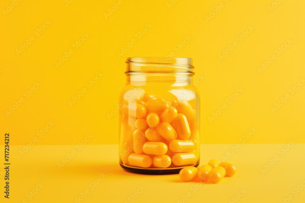 yellow pills in a jar on a white background. Get treatment. Vitamins. Dietary supplement yellow pills in a jar on a white background. Get treatment. Vitamins. Dietary supplement