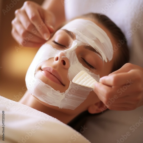A woman indulging in a rejuvenating facial mask at a serene spa. Generative AI.