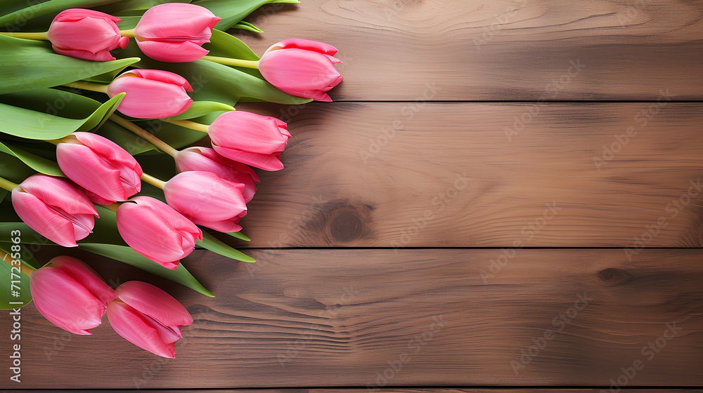 Pink tulips on wooden background with copy space. Pink tulips on wooden background with copy space.