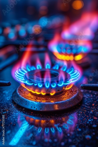 gas stove burners. Natural gas. Cost growth concept with gas burners and stock charts blurred on background, generative ai